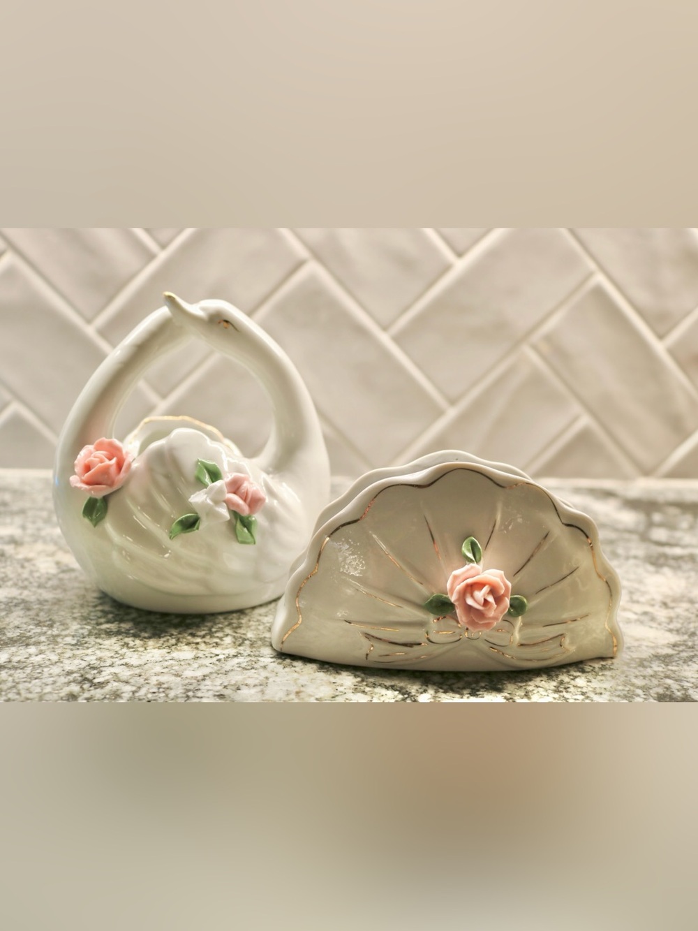 Porcelain Rose Napkin Holder and Swan Dish Set - Pink & White